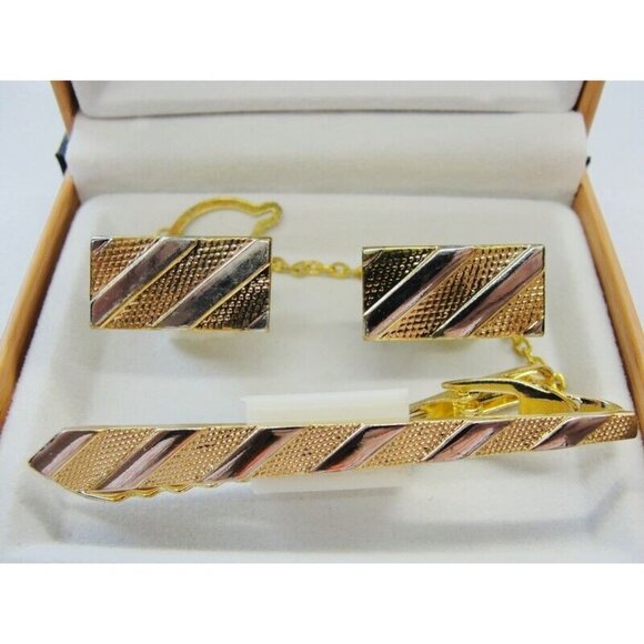 Cufflinks Set w Neck Tie Clip Gold Tone Unique Design Shirt Suit Vintage IOB - Picture 5 of 10